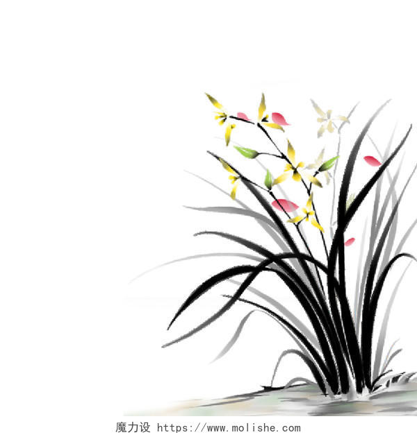彩色手绘水墨风中国风兰花植物元素PNG素材水墨元素